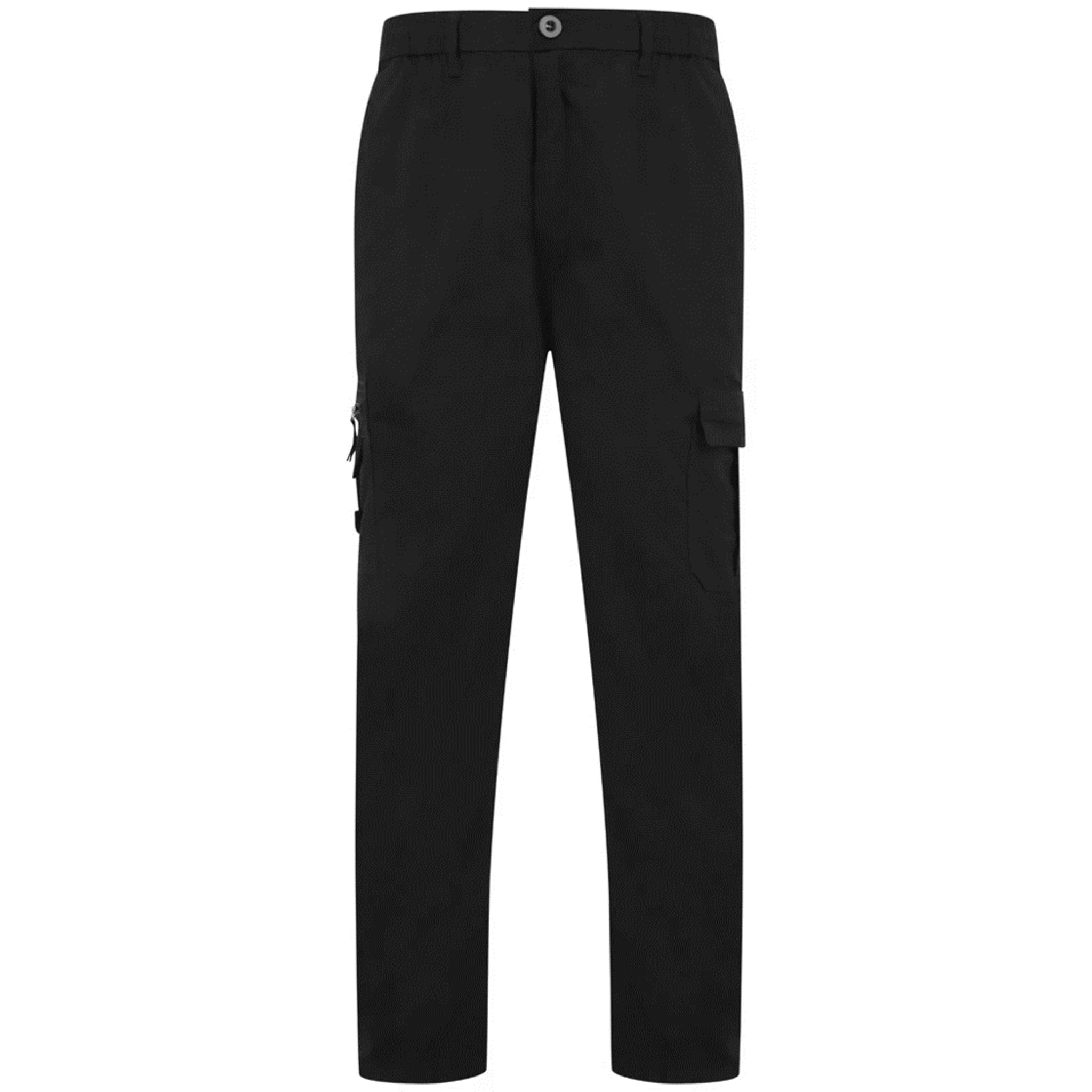 Men's black cargo utility trousers with side flap pockets, elasticated waistband, and belt loops – durable workwear or outdoor pants